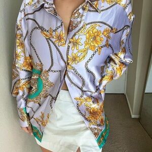Forever 21 Purple and Gold Oversized Graphic Button Down Shirt